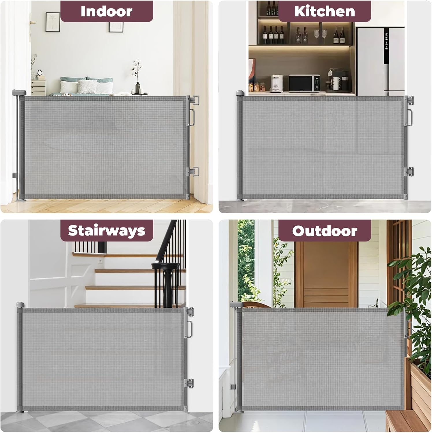 Retractable Baby Gate for Stairs, 55 Wide Mesh Dog Gate Indoor, 34'' Tall Child Gate for Doorways, Hallways, Deck, Indoor Outdoor Pet Baby Safety Essentials for Home, Grey